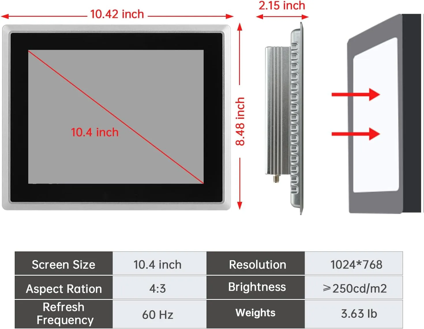 10.4-Inch Industrial Touch Screen Monitor, Ratio 4:3 Embedded PCAP Touchscreen Monitors | 10-Point Touch | No Drive, Plug and Play | IP65 Front | HD-MI VGA USB Port