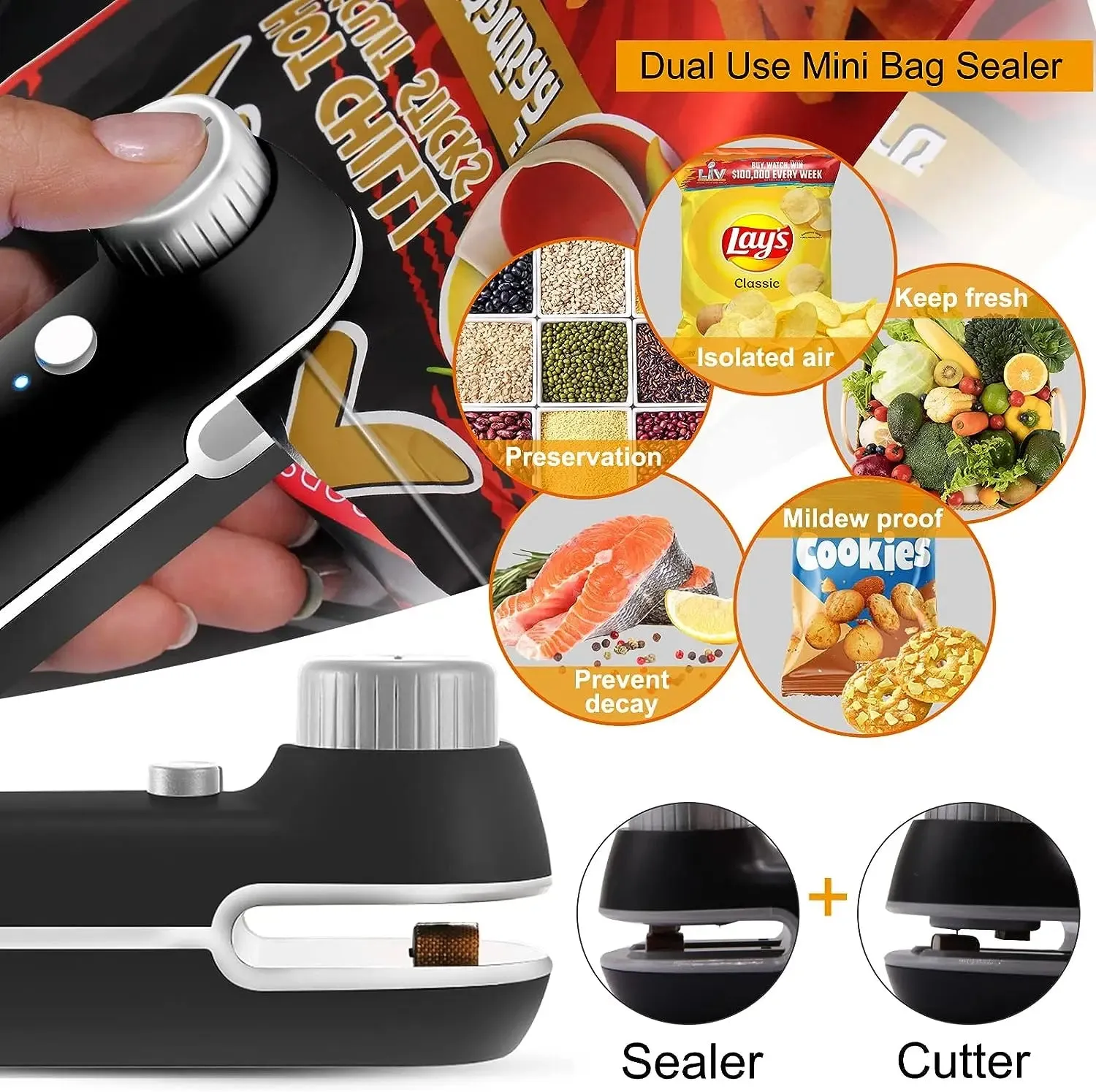 2 in 1 Rechargeable Mini Heat Sealer for Plastic Bags Usb Powered