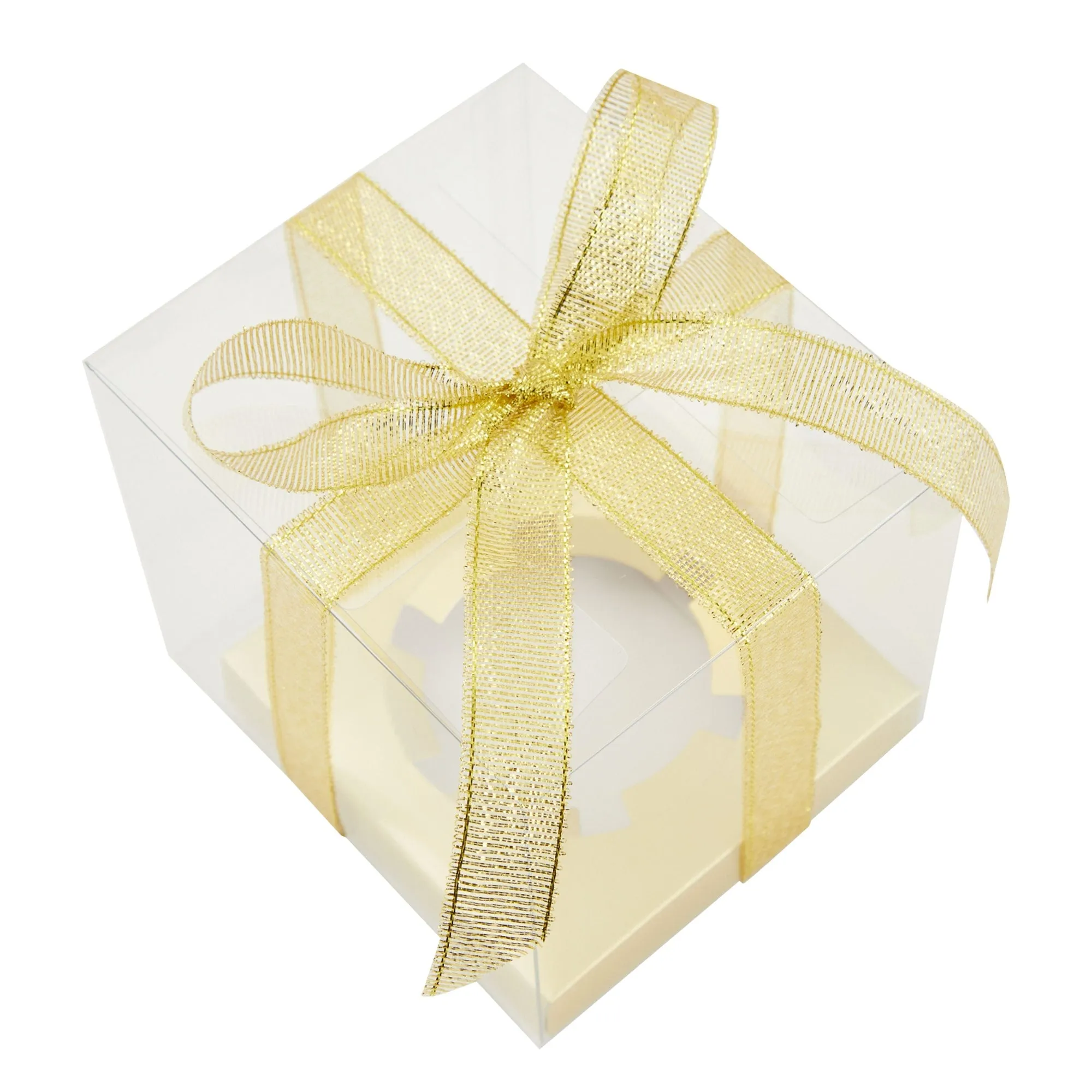 24 Pack Clear Individual Cupcake Boxes for Wedding Favors, Gold Satin Ribbon and Inserts Included (4.3 x 3.7 In)