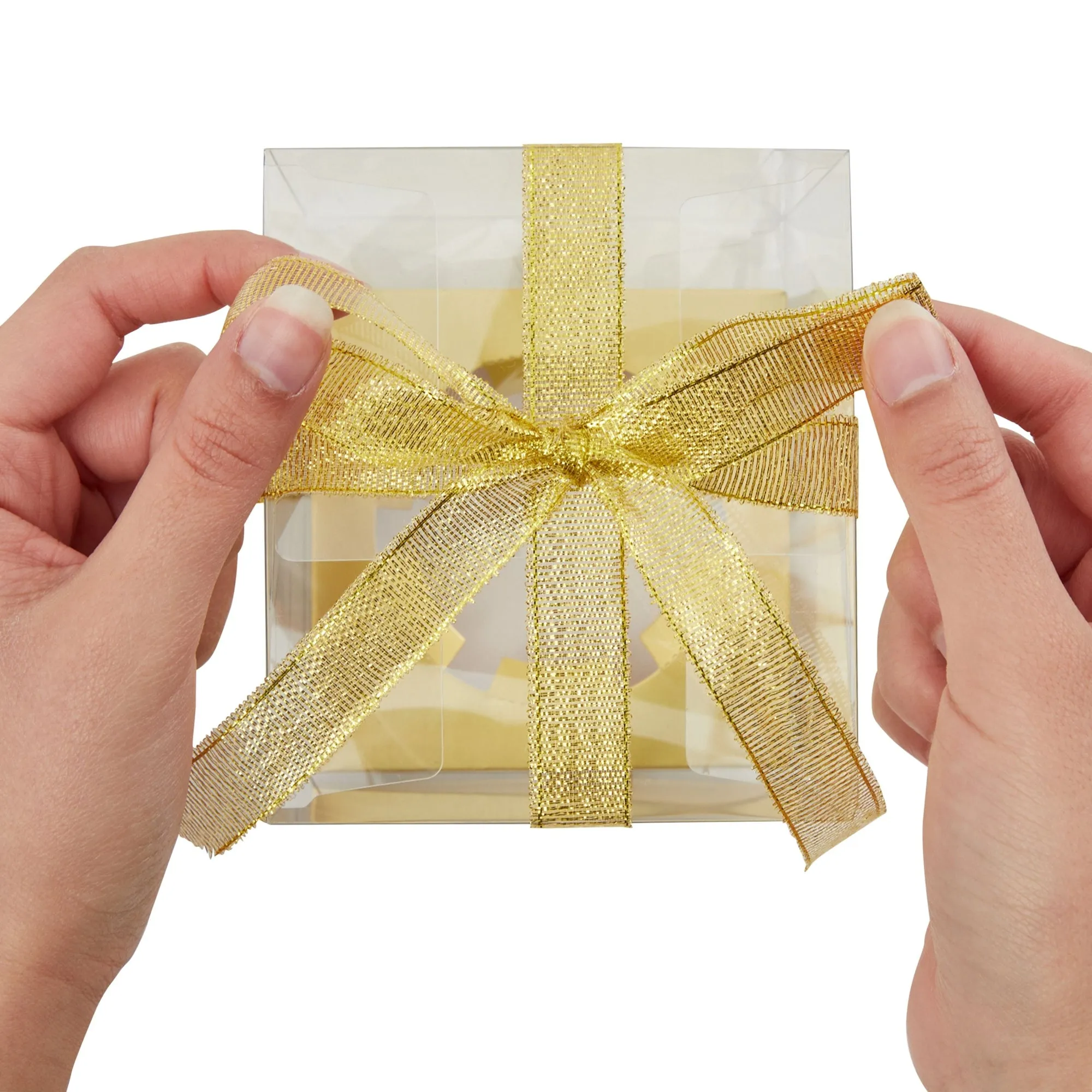 24 Pack Clear Individual Cupcake Boxes for Wedding Favors, Gold Satin Ribbon and Inserts Included (4.3 x 3.7 In)