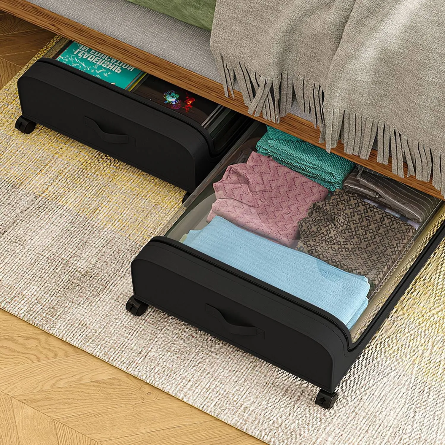 2Packs Under Bed Storage Containers Rolling Clothing Organizer 42L/11Gal Under Bed Drawers with Clear Lid 360 Lockable Rolling Wheels Strap Handles