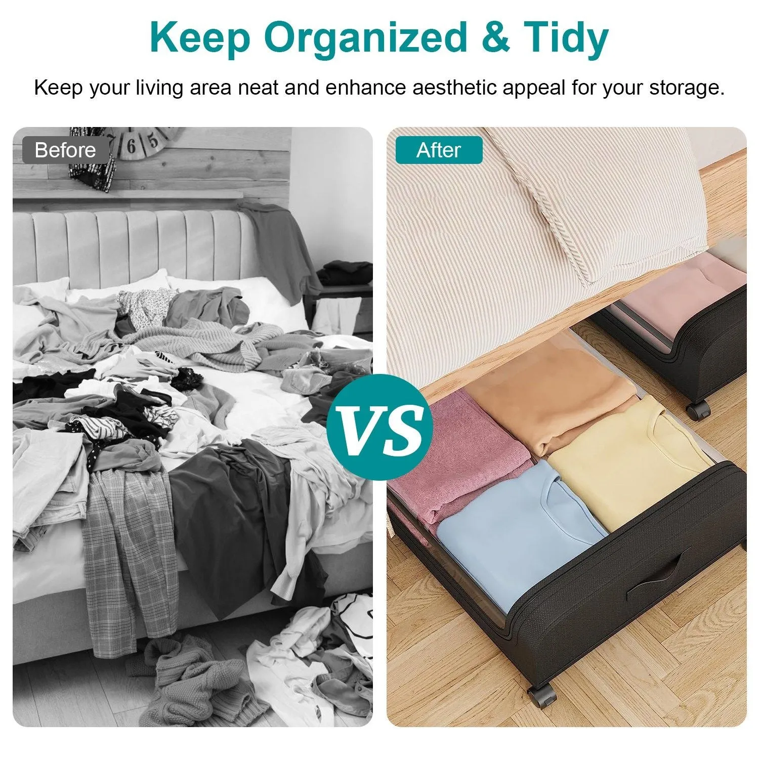 2Packs Under Bed Storage Containers Rolling Clothing Organizer 42L/11Gal Under Bed Drawers with Clear Lid 360 Lockable Rolling Wheels Strap Handles