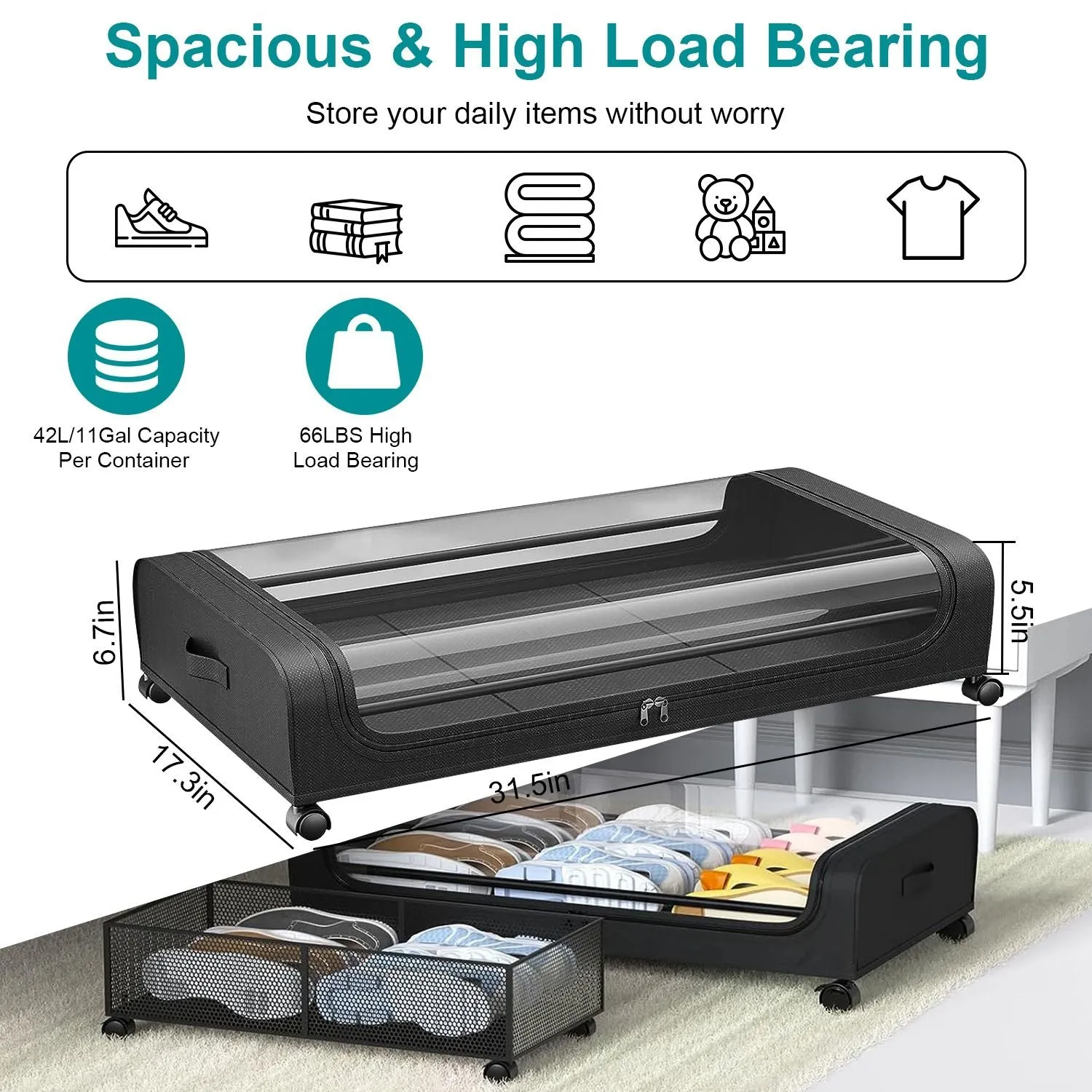 2Packs Under Bed Storage Containers Rolling Clothing Organizer 42L/11Gal Under Bed Drawers with Clear Lid 360 Lockable Rolling Wheels Strap Handles