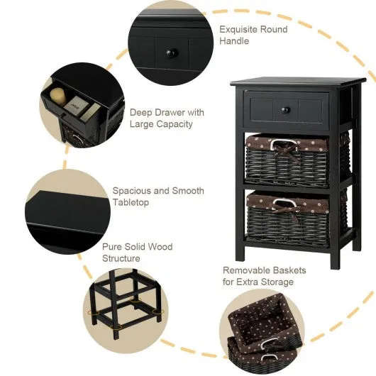 3 Layer 1 Drawer Nightstand End Table with 2 Baskets-Black