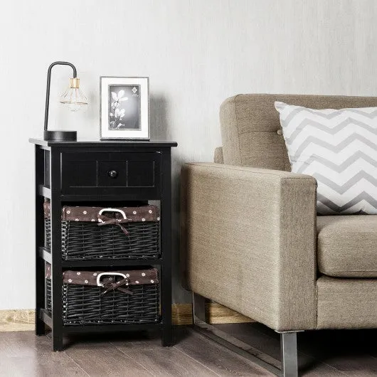 3 Layer 1 Drawer Nightstand End Table with 2 Baskets-Black