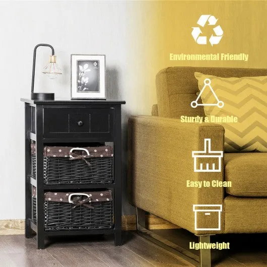 3 Layer 1 Drawer Nightstand End Table with 2 Baskets-Black
