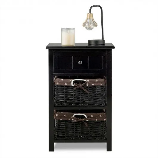 3 Layer 1 Drawer Nightstand End Table with 2 Baskets-Black