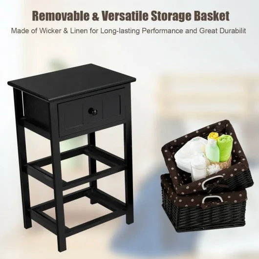 3 Layer 1 Drawer Nightstand End Table with 2 Baskets-Black