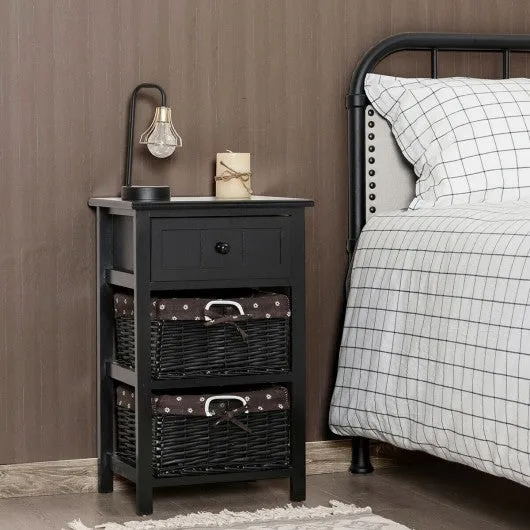 3 Layer 1 Drawer Nightstand End Table with 2 Baskets-Black