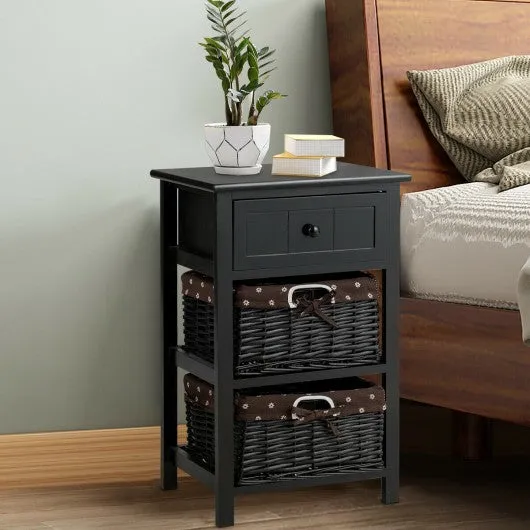 3 Layer 1 Drawer Nightstand End Table with 2 Baskets-Black