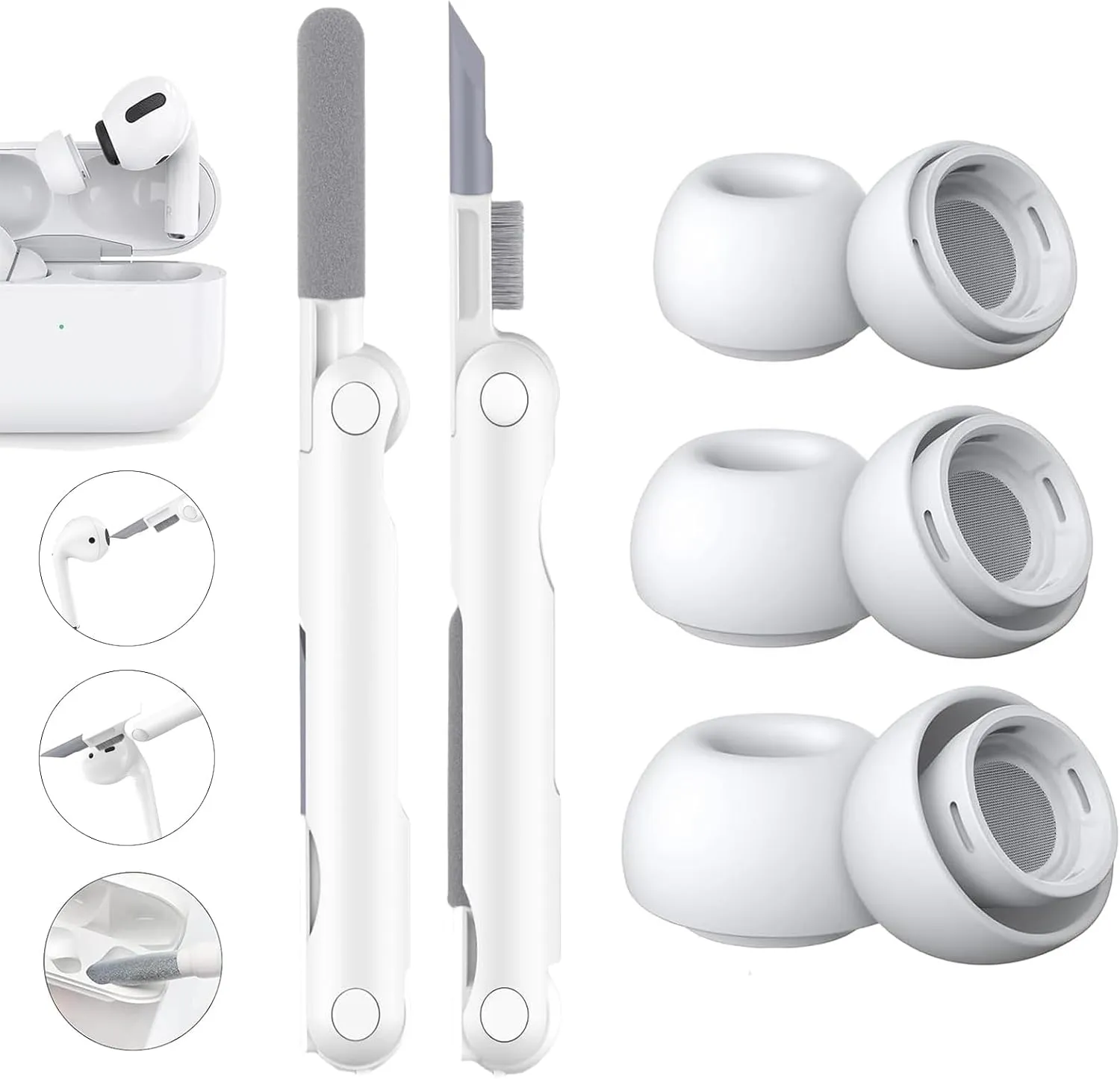 3 Pairs Compatible with AirPods Pro and AirPods Pro 2nd Generation Ear Tip Replacement, with Cleaning Kit, Silicone Earbuds for AirPods Pro, Fit in The Charging Case(White-XS/S/M/L)