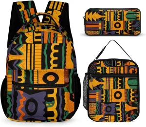3 Pcs Backpack Set African Ethnic Pattern Travel Bag Portable Casual Daypack Sports Backpacks with Lunch Box Pencil Case