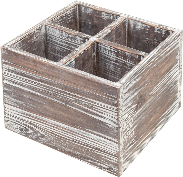 4-Compartment Rustic Torched Wood Cooking Utensil Holder