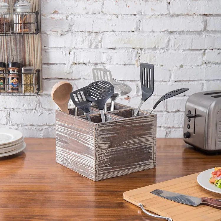4-Compartment Rustic Torched Wood Cooking Utensil Holder
