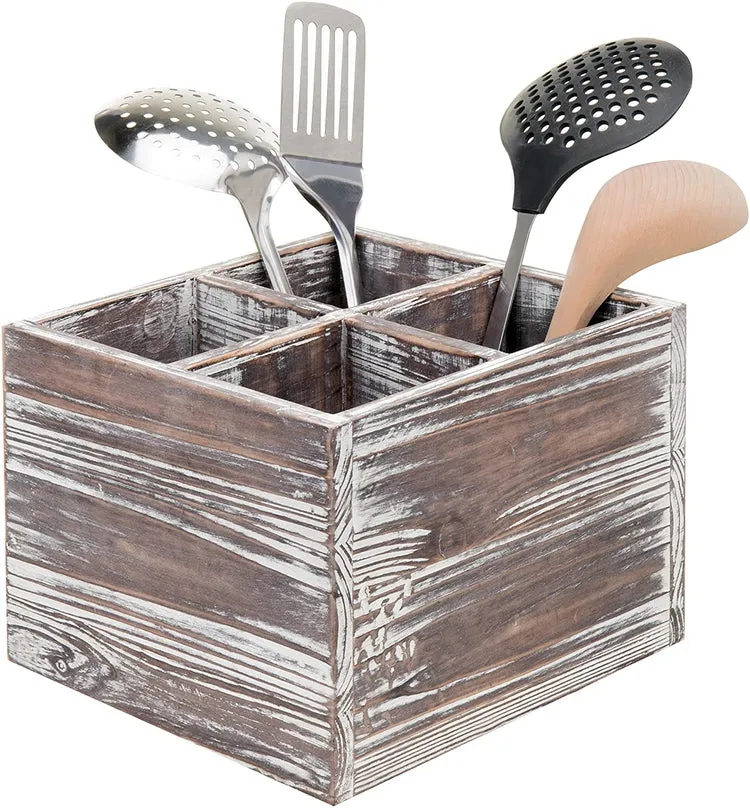 4-Compartment Rustic Torched Wood Cooking Utensil Holder