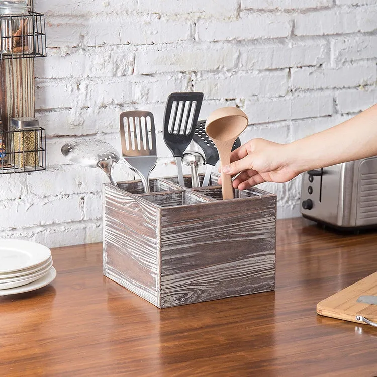 4-Compartment Rustic Torched Wood Cooking Utensil Holder