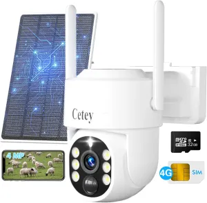 4G LTE Cellular Security Camera Wireless Outdoor, No WiFi Solar Powered Camera for Farms, Ranches, Estates Surveillance, 2K Color Night Vision, 360PTZ, 2-Way Audio, PIR Motion Sensor