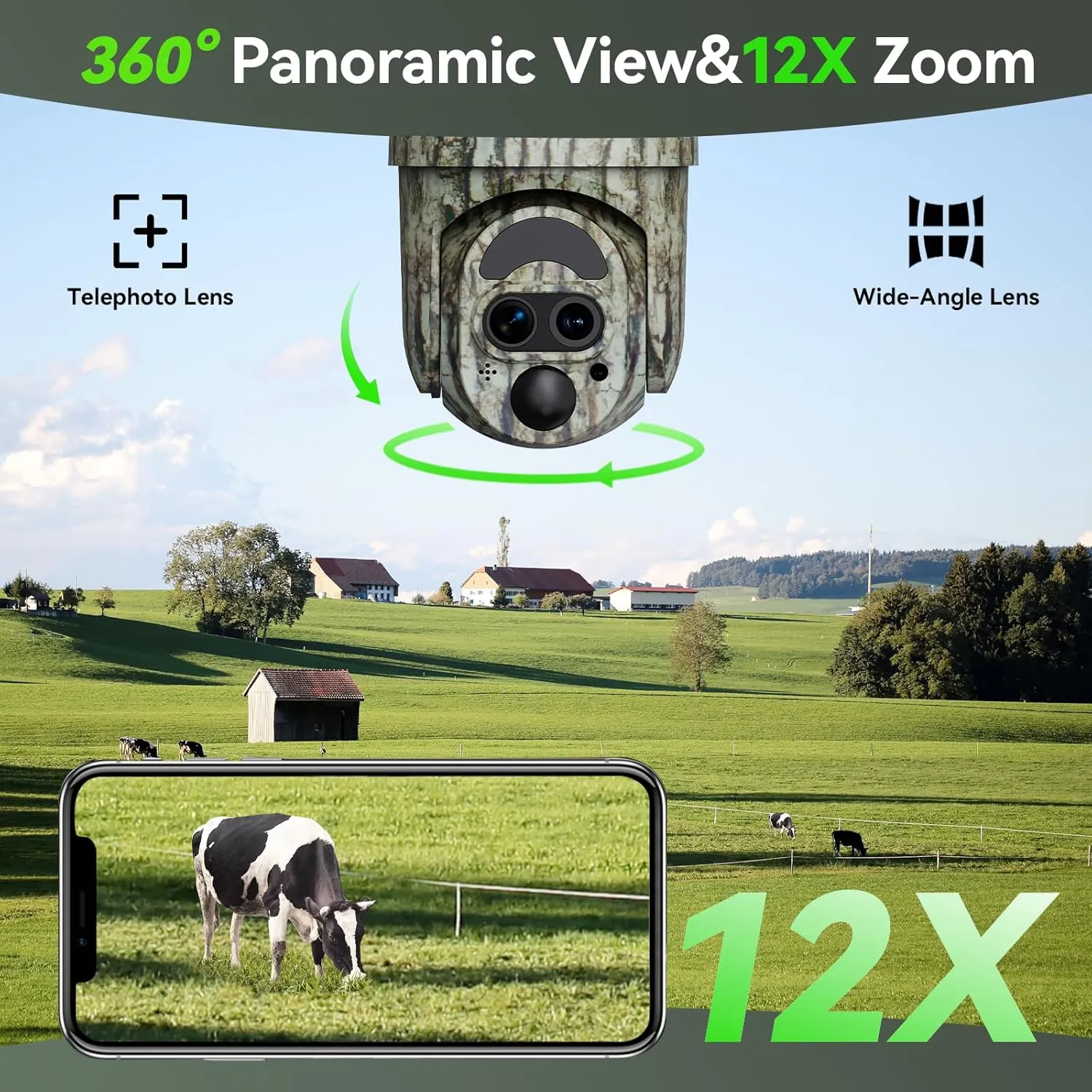 4G LTE Cellular Trail Camera,12X Hybrid Zoom Game Camera with 2K View Live Video,360Full Cover Security Camera with Motion Activated,Built-in SIM Card,Solar Powered,IP65 Waterproof