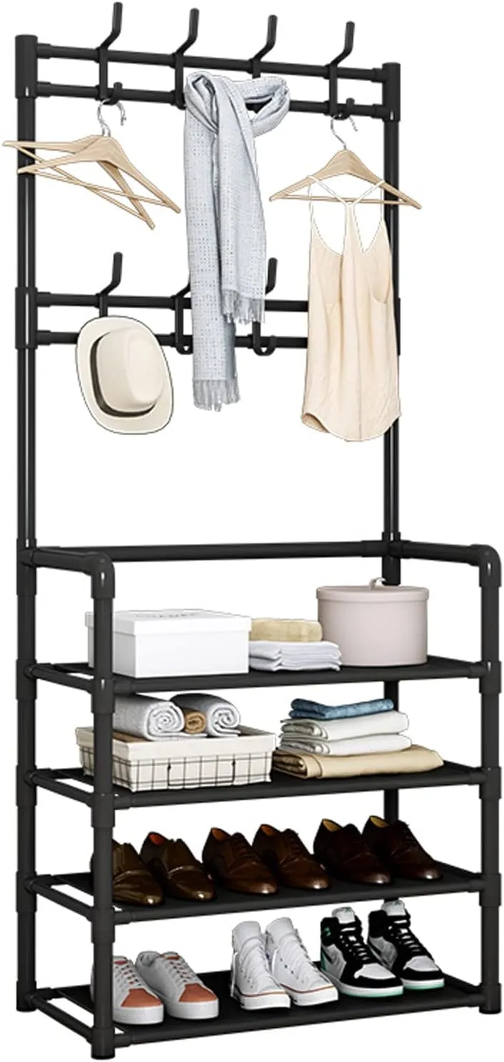 60Cm 4 Tier Shoe Rack With 8 Utilities Hooks For Hallway Handbag Yj-1