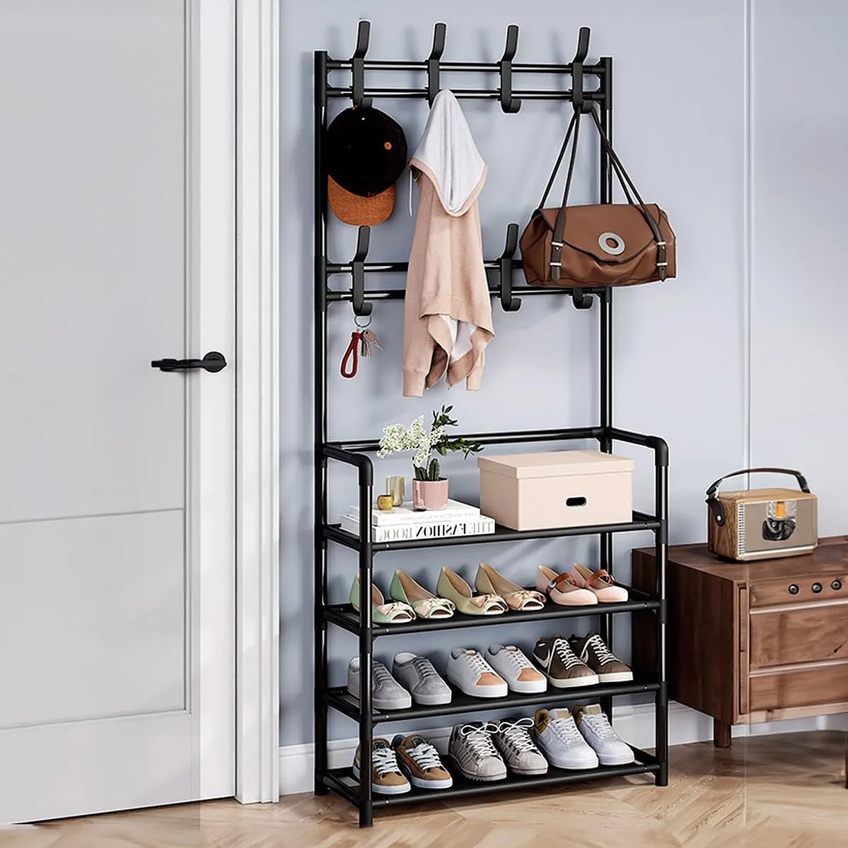 60Cm 4 Tier Shoe Rack With 8 Utilities Hooks For Hallway Handbag Yj-1