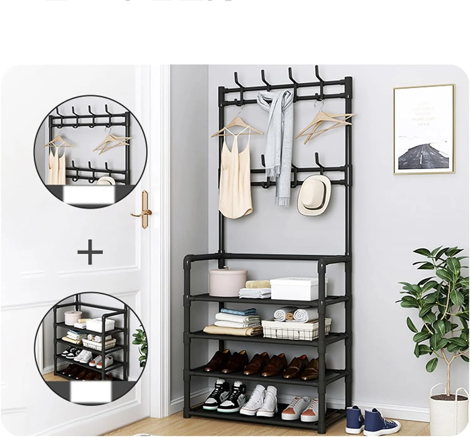 60Cm 4 Tier Shoe Rack With 8 Utilities Hooks For Hallway Handbag Yj-1