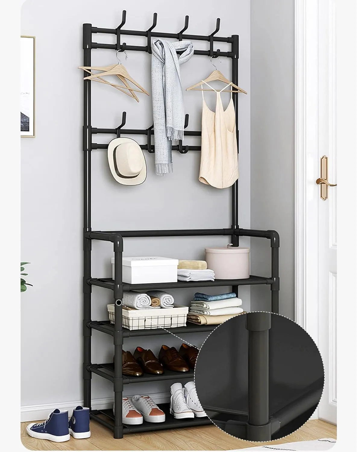60Cm 4 Tier Shoe Rack With 8 Utilities Hooks For Hallway Handbag Yj-1