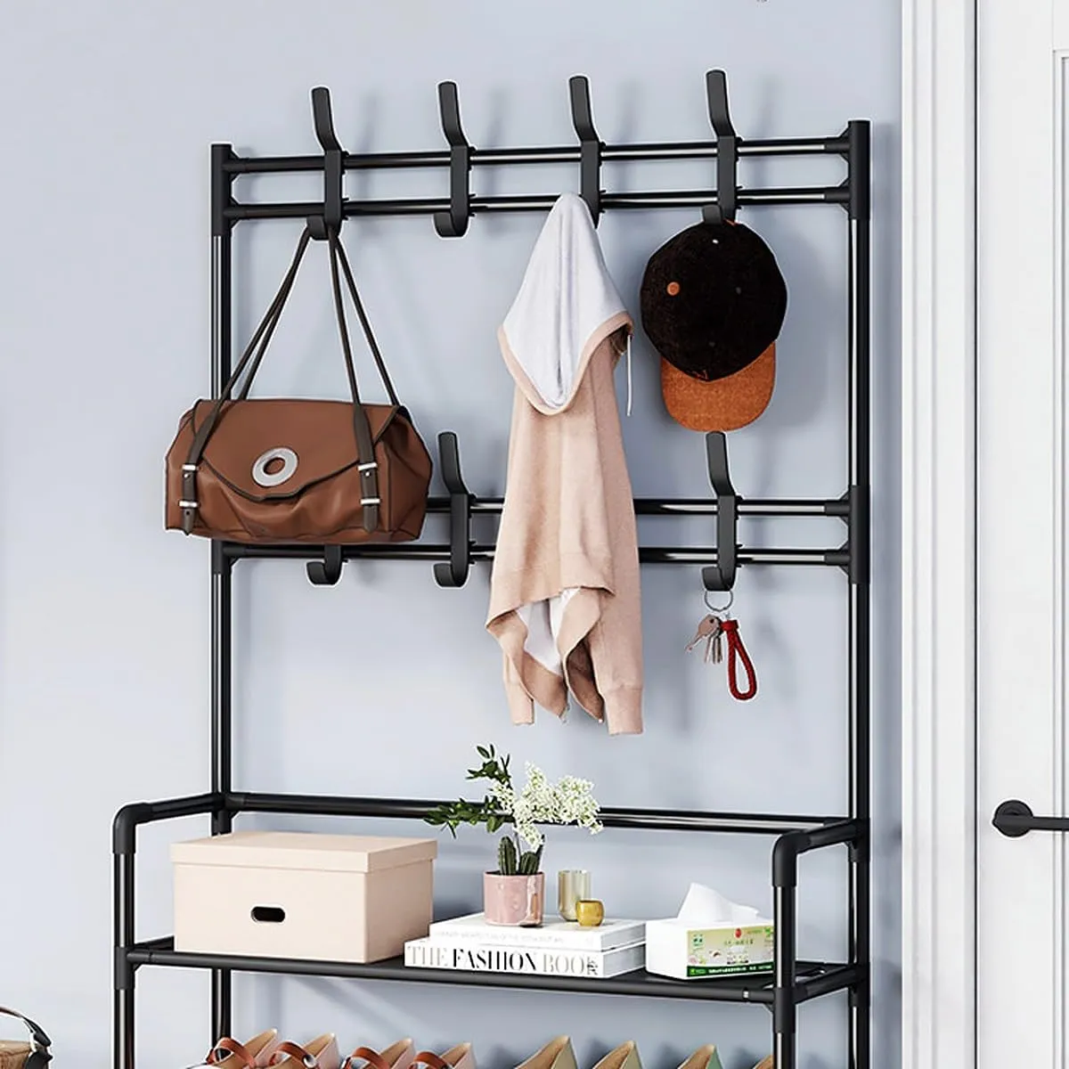 60Cm 4 Tier Shoe Rack With 8 Utilities Hooks For Hallway Handbag Yj-1