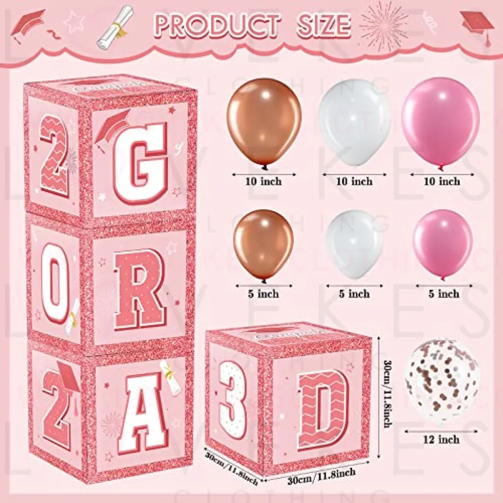 63 Pieces Graduation Box Decorations 2023 Balloon Boxes Set, Congrats Grad Block Boxes Decor with Point Dot for Class of 2023 School Party Supplies Celebration, 11.8 x 11.8 x 11.8 Inch (Pink)
