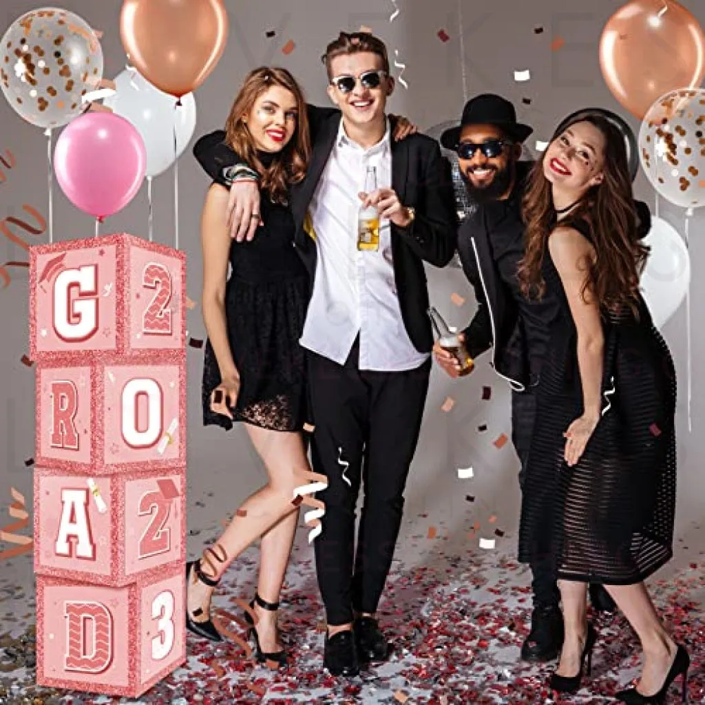 63 Pieces Graduation Box Decorations 2023 Balloon Boxes Set, Congrats Grad Block Boxes Decor with Point Dot for Class of 2023 School Party Supplies Celebration, 11.8 x 11.8 x 11.8 Inch (Pink)