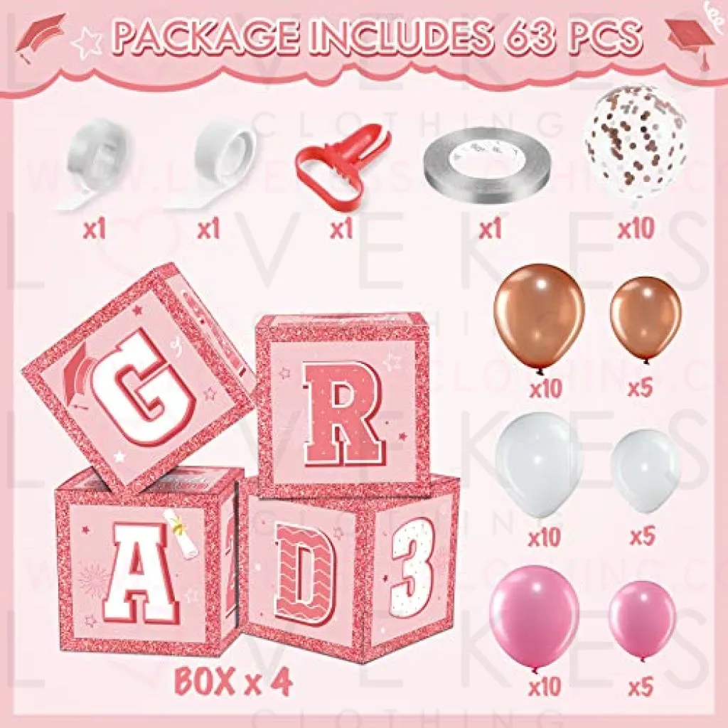 63 Pieces Graduation Box Decorations 2023 Balloon Boxes Set, Congrats Grad Block Boxes Decor with Point Dot for Class of 2023 School Party Supplies Celebration, 11.8 x 11.8 x 11.8 Inch (Pink)
