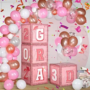 63 Pieces Graduation Box Decorations 2023 Balloon Boxes Set, Congrats Grad Block Boxes Decor with Point Dot for Class of 2023 School Party Supplies Celebration, 11.8 x 11.8 x 11.8 Inch (Pink)