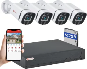 8CH H.265  3K Lite Wired CCTV Security Camera System with Human Vehicle Detection, 4X IP68 5MP Surveillance Camera for Indoor Outdoor, 512GB Hard Drive for 24-7 Recording, Remote Access