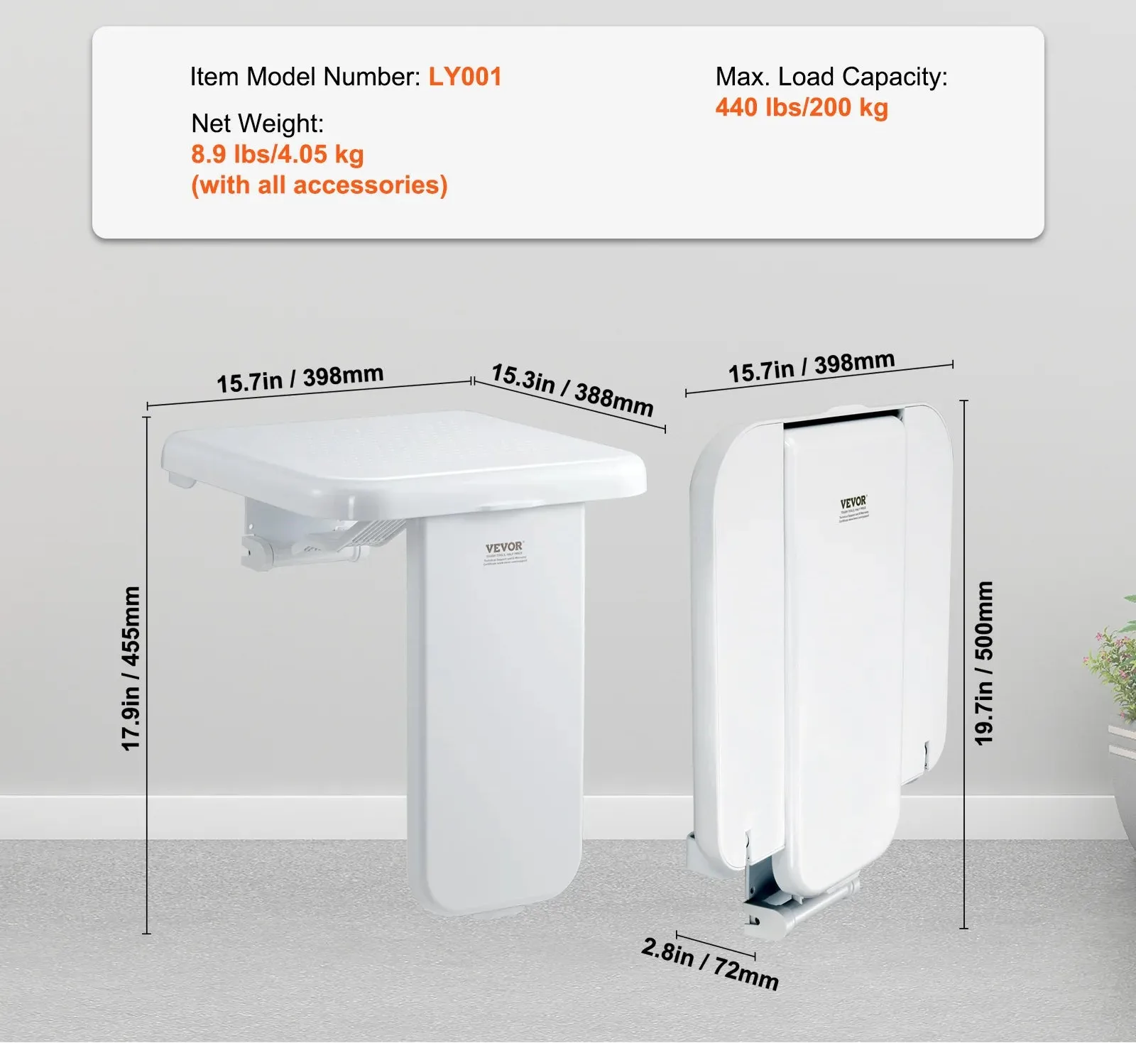 Abs Folded Wall Mounted Shower Chair With 200 Kg Load Capacity