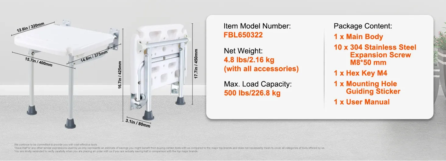 Abs Folded Wall Mounted Shower Chair With 200 Kg Load Capacity