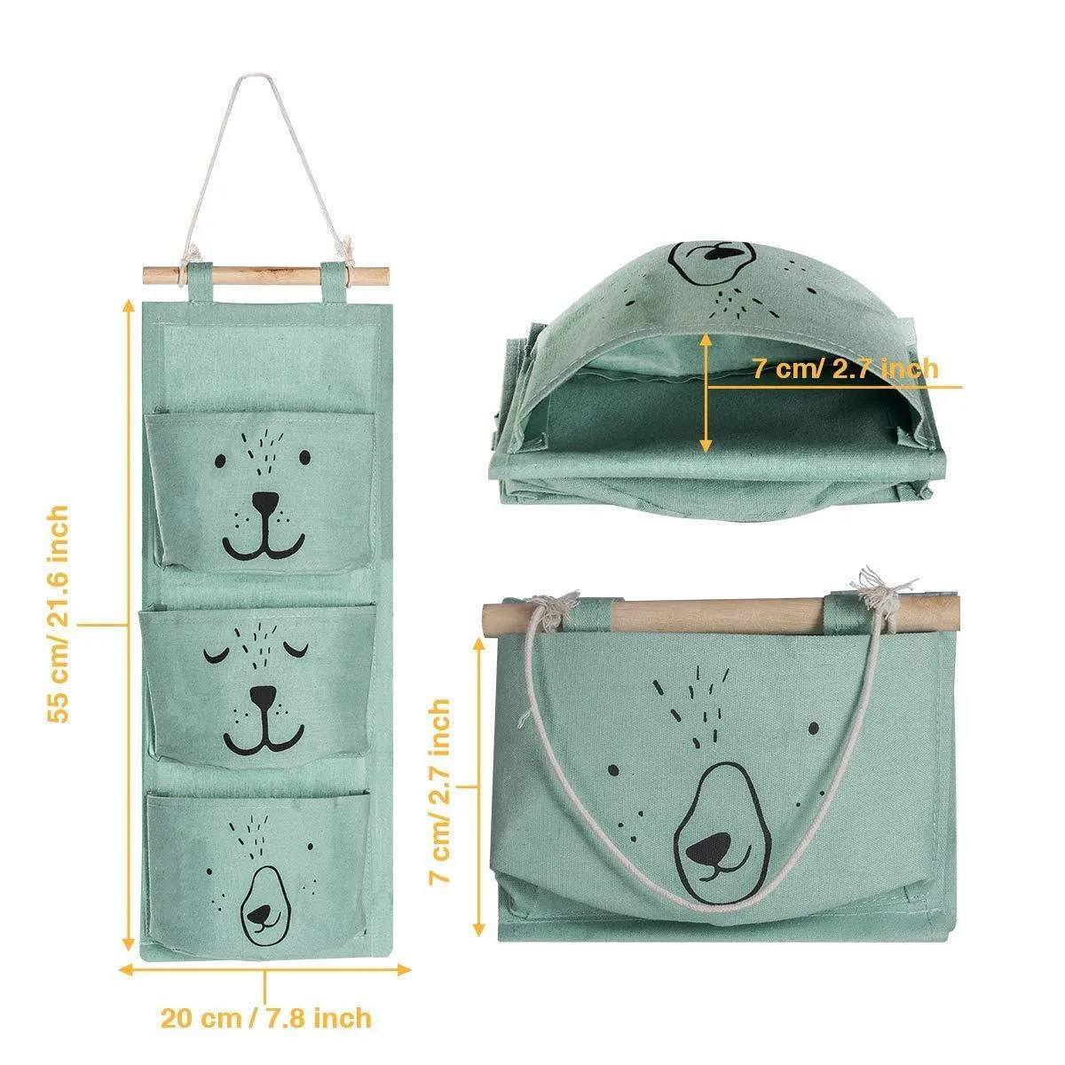 Aitsite 2 Pcs Wall Hanging Storage Bag|Cartoon Over The Door Closet Organizer|Linen Fabric Organizer with 3 Semicircular Pockets for Bedroom Bathroom Kitchen (Cyan Grey)