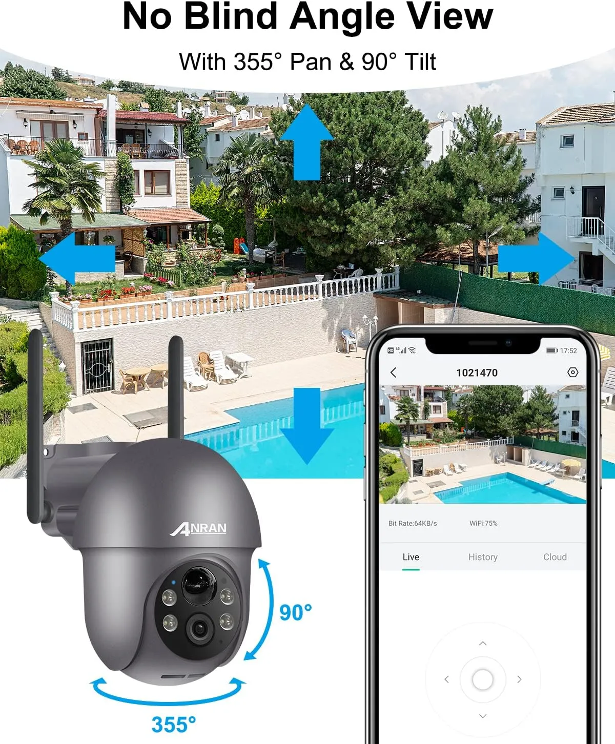 ANRAN 5MP Security Cameras Wireless Outdoor, Solar Camera Wireless with 360 View for Home Surveillance, WiFi Camera with Spotlights, PIR Detection, Color Night Vision, Siren Alarm, Q1 Max Grey