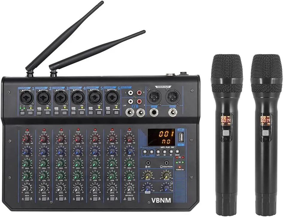 Audio Mixer, 8 Channel, with 2 Wireless Microphones, 24-bit DSP, LCD Display