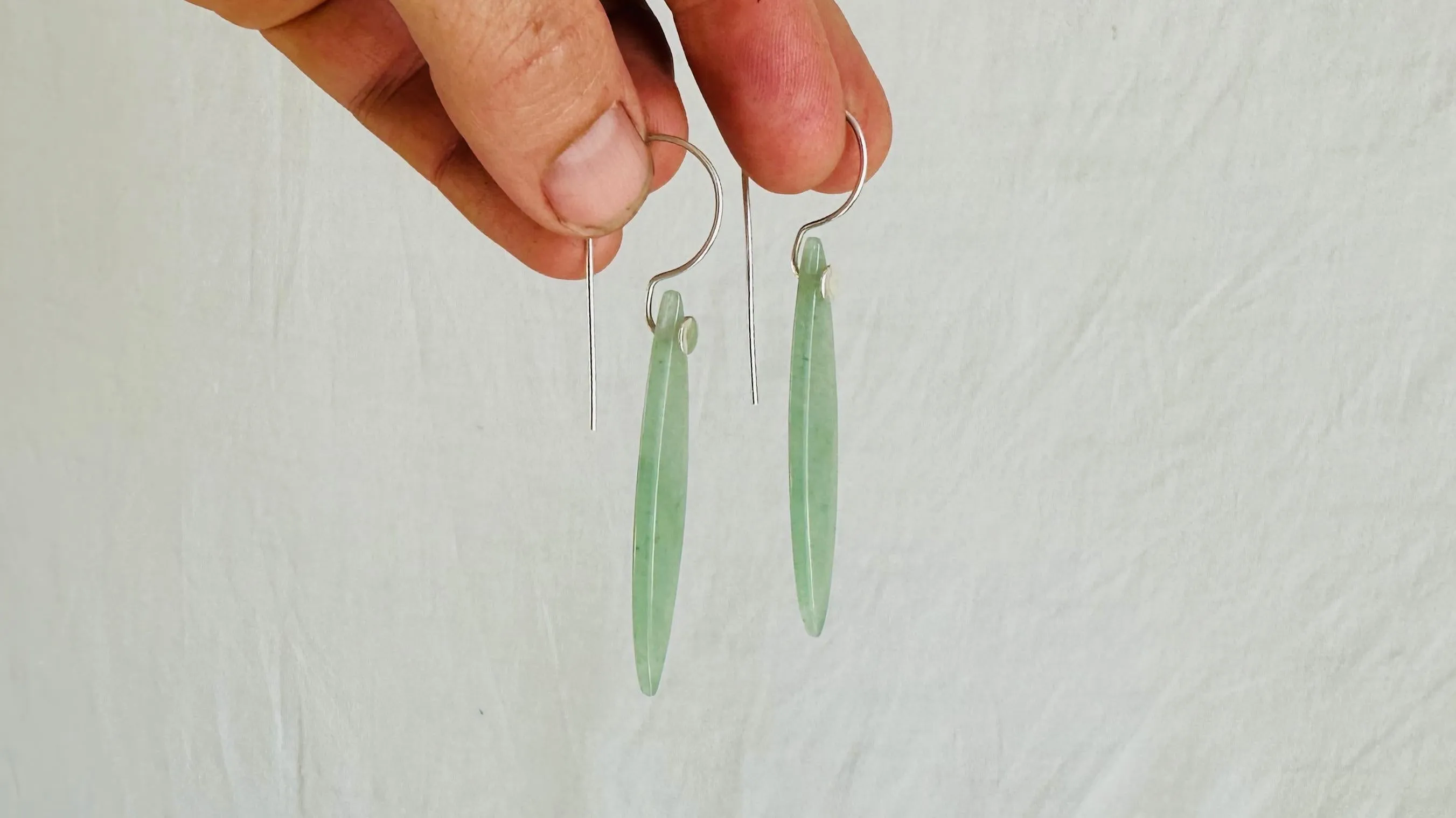 Aventurine Earrings. Long Slivers on Sterling Silver Hooks. Handcrafted Jewelry. Green Stone Earrings 2486