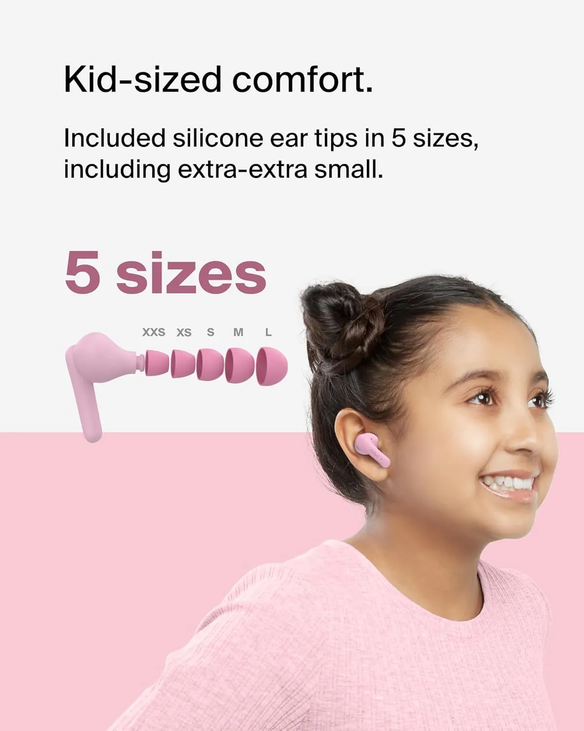 Belkin SoundForm Nano 2 Bluetooth Earbuds for Kids with Built-in Microphone, 28H Battery Life, Safe 85dB Volume, IPX5 Water Resistance - Kids Bluetooth Earbuds for iPhone, iPad, Galaxy, & More - Pink