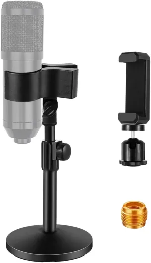 BILIONE Versatile Desktop Microphone Stand, Adjustable Table Mic Stand with Microphone Clip, Cell Phone Clip, 5/8" Male to 3/8" Female Metal Adapter