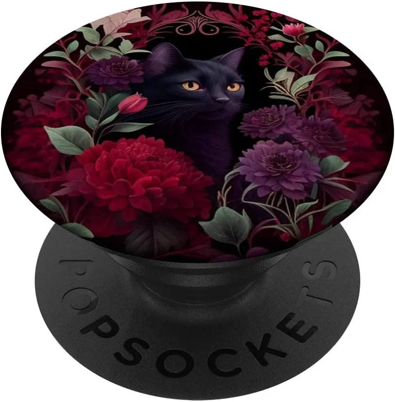 black cat hidden Flower Design With Burgundy Maroon Flowers PopSockets Swappable PopGrip
