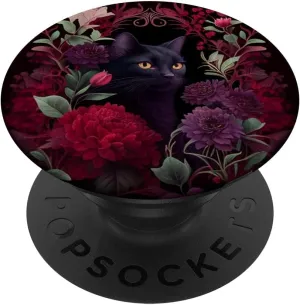 black cat hidden Flower Design With Burgundy Maroon Flowers PopSockets Swappable PopGrip