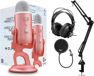 Blue Microphones Yeti USB Microphone Aurora Collection (Pink Dawn) Bundle with Boom Arm Microphone Stand, Monitor Headphones and Pop Filter (4 Items)