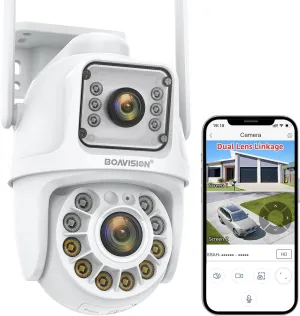 BOAVISION Dual Lens Linkage Security Camera Outdoor,Wireless PTZ Dual Screen Camera,360 View,Auto Tracking,Human Detection,Color Night Vision,24/7 Record,Two-Way Audio