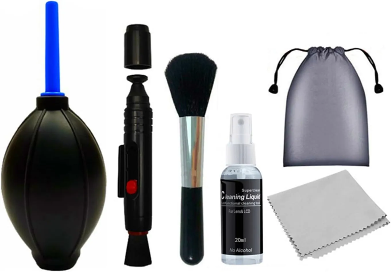 Camera Cleaning Kit 5 in1,Digital Camera Lens,Phone,Keyboard,Computer Universal Cleaning Kit -Cleaning Solution, Brush, Cloth,Rubber Air Blower Pump Dust Cleaner,Screen Cleaner,Lens Pen
