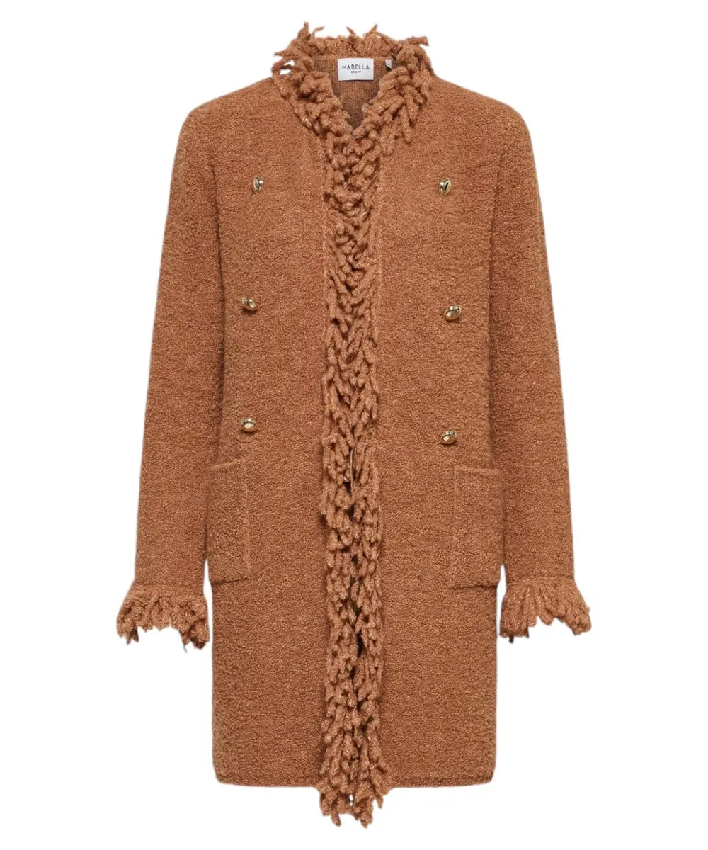 Cappotto Regina in Maglia Bouclé con Bordi Sfrangiati e Bottoni Decorativi