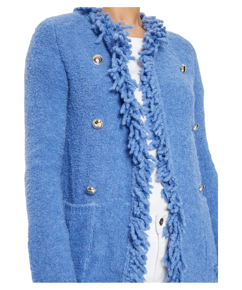 Cappotto Regina in Maglia Bouclé con Bordi Sfrangiati e Bottoni Decorativi