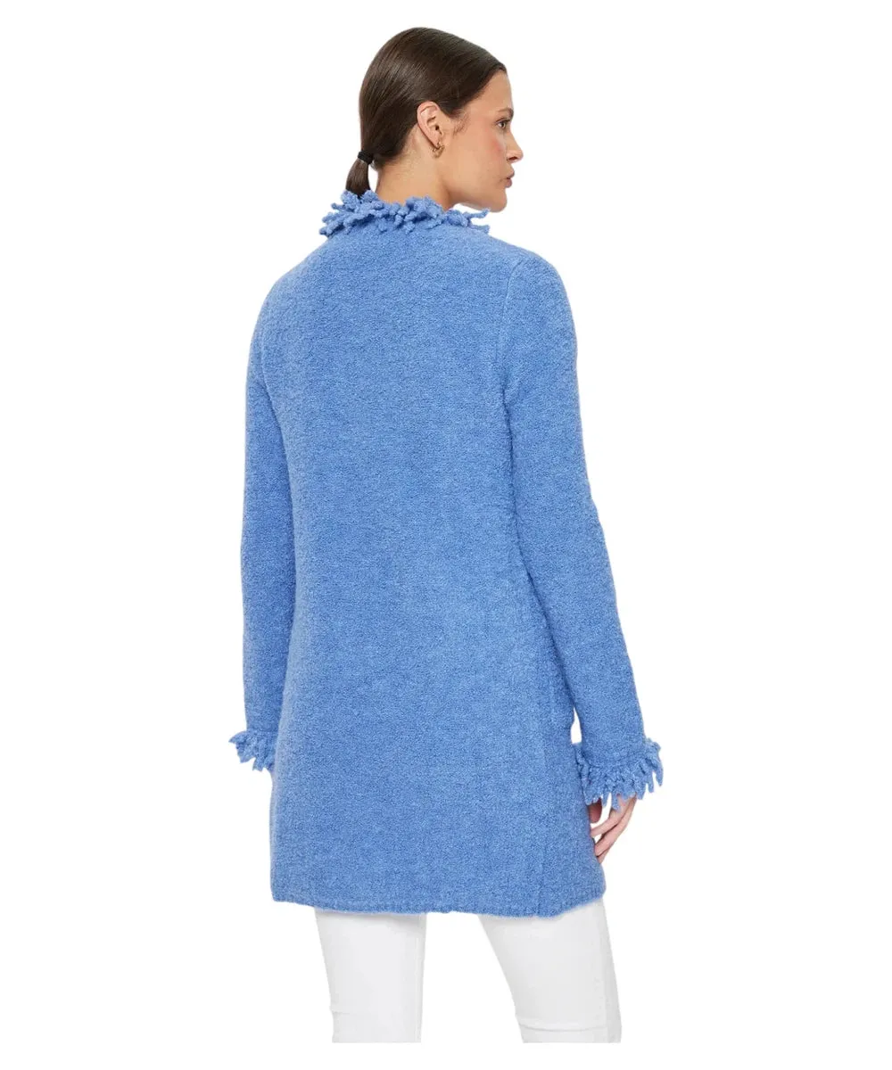 Cappotto Regina in Maglia Bouclé con Bordi Sfrangiati e Bottoni Decorativi