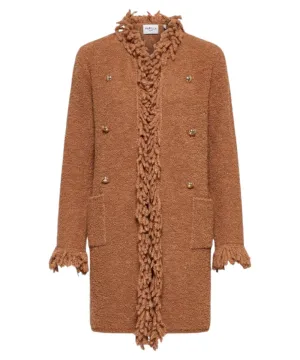 Cappotto Regina in Maglia Bouclé con Bordi Sfrangiati e Bottoni Decorativi