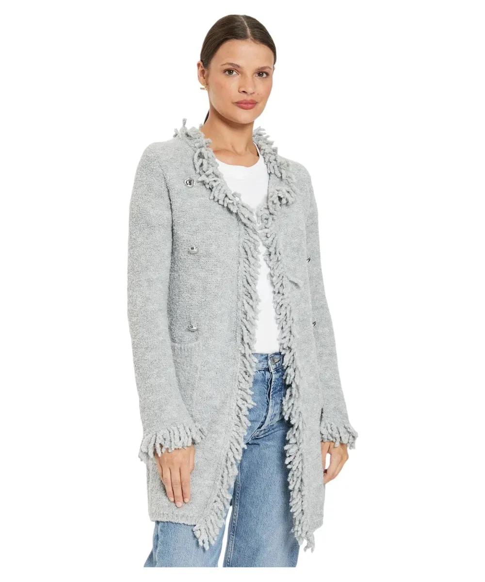 Cappotto Regina in Maglia Bouclé con Bordi Sfrangiati e Bottoni Decorativi